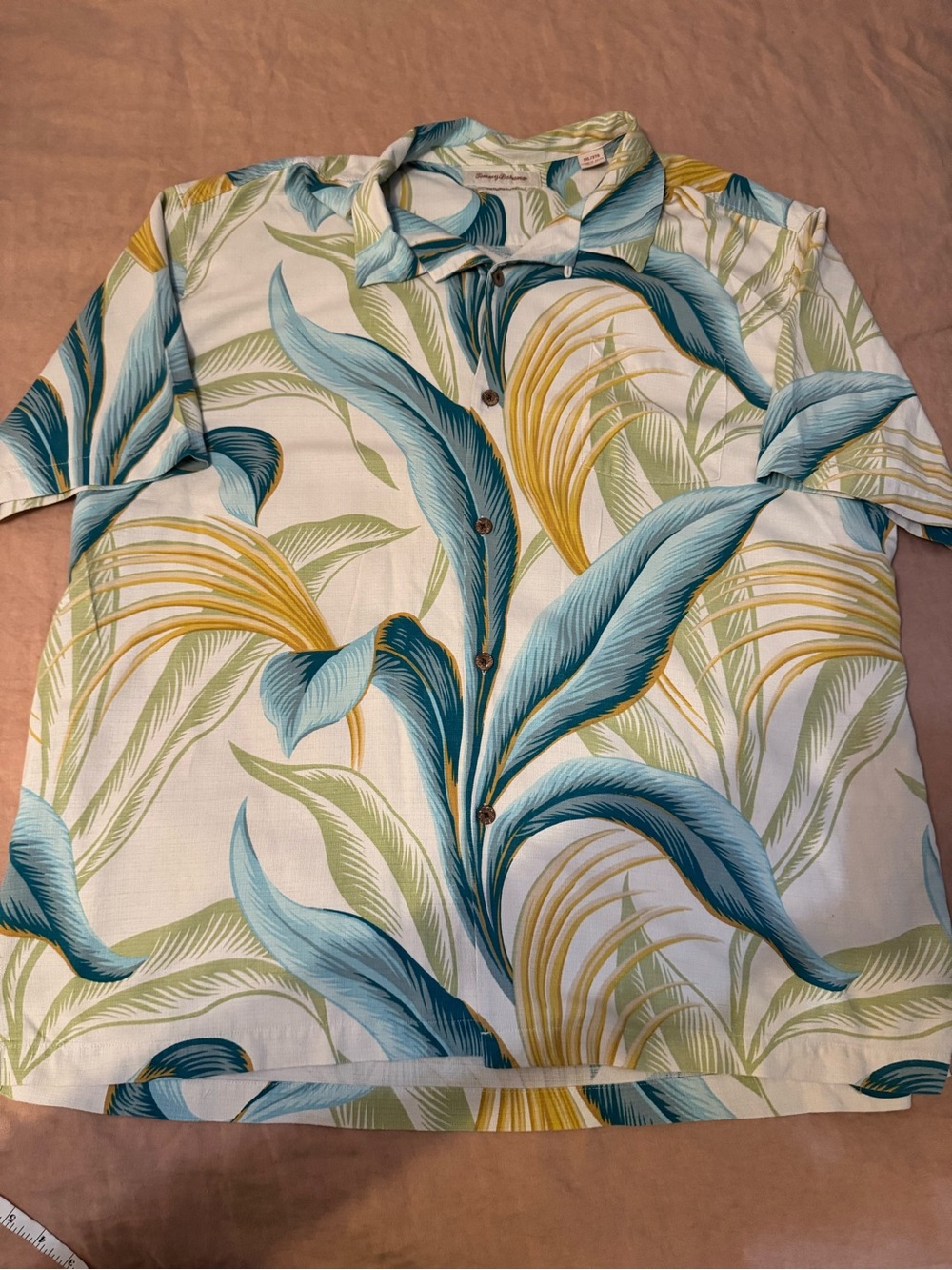 Tommy Bahama 100% Silk Teal, Yellow & Cream Tropical Leaf Button-Down Shirt